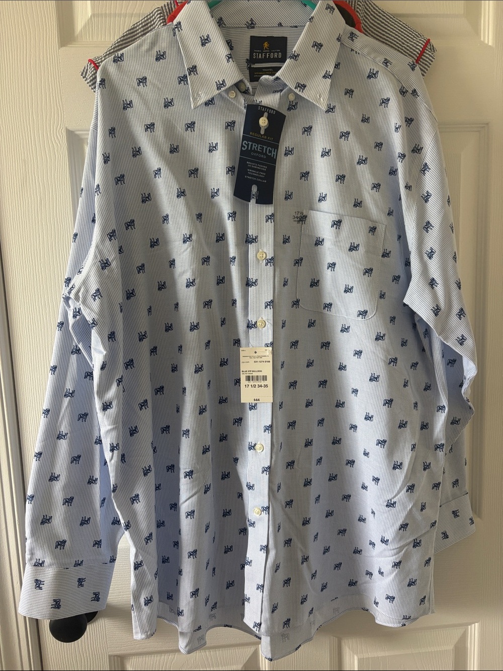 Stafford Light Blue Stretch Button-Down Shirt with Navy Motif